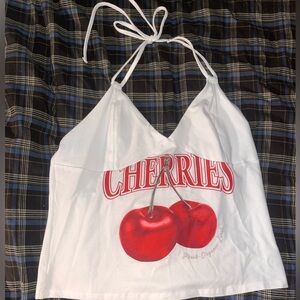 White cropped halter top with cherry design